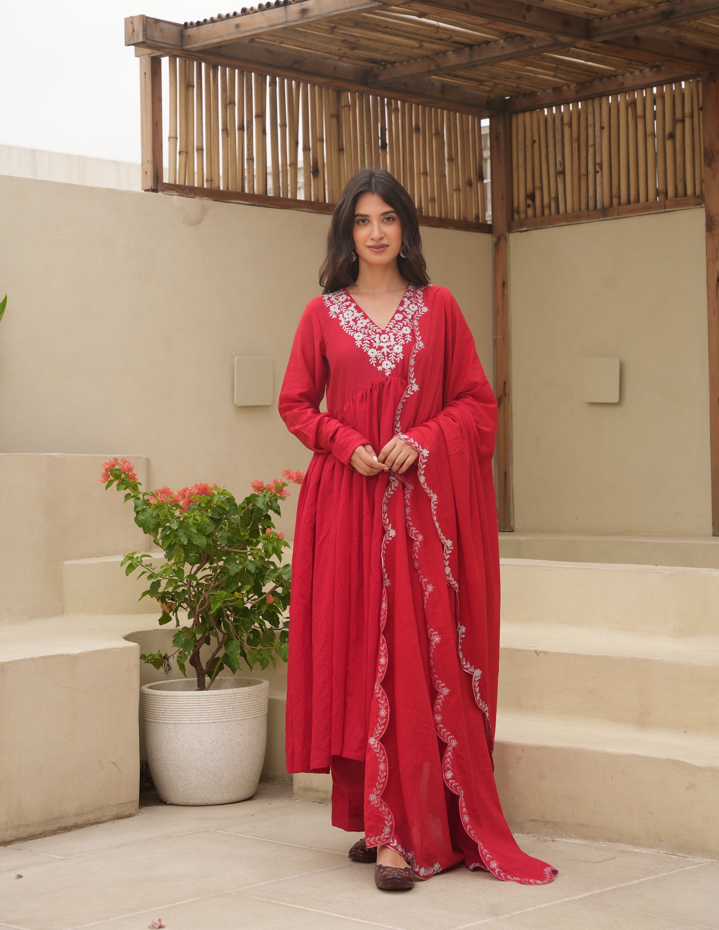 Hand Dyed Red Chanderi Aari Embroidered Anarkali Set