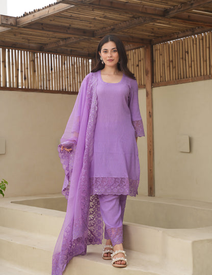 Lillian Purple Cotton Crush Straight Suit Set