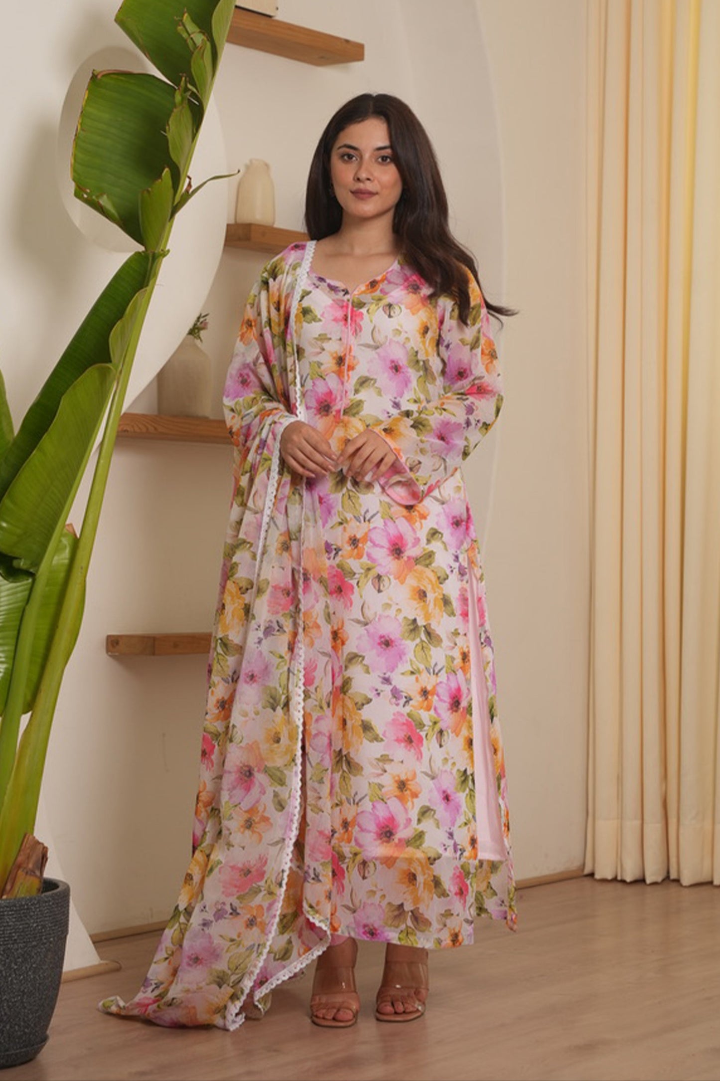 Snow White Chiffon Floral Straight Suit Set