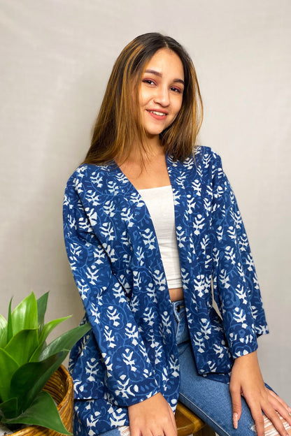 Indigo Hand-Printed Geometric Cotton Freesize Unisex Shrug