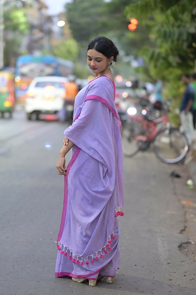 Pink Border Handwoven Mulmul Cotton Saree