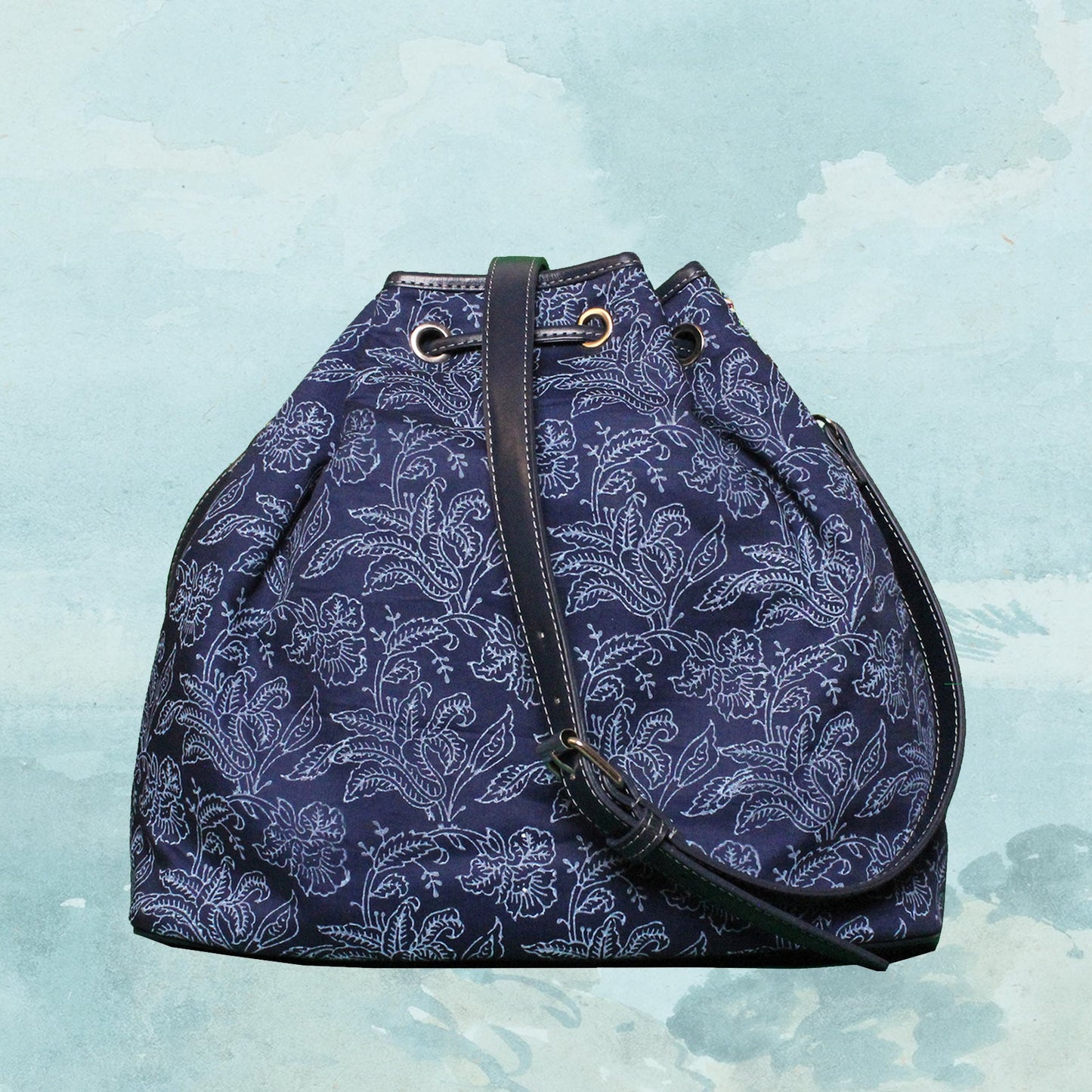 Navy Artisan-Crafted Embroidered Drawstring Bag