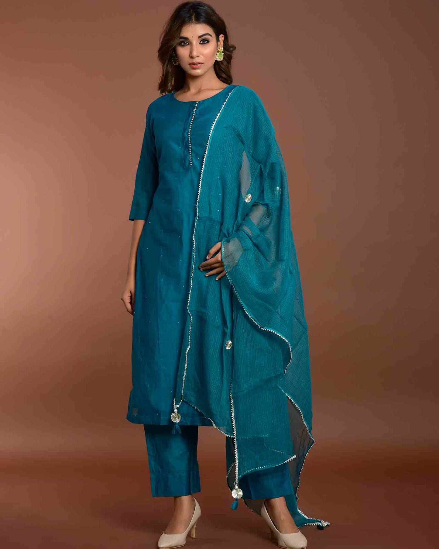 Teal Blue Chanderi Suit Set