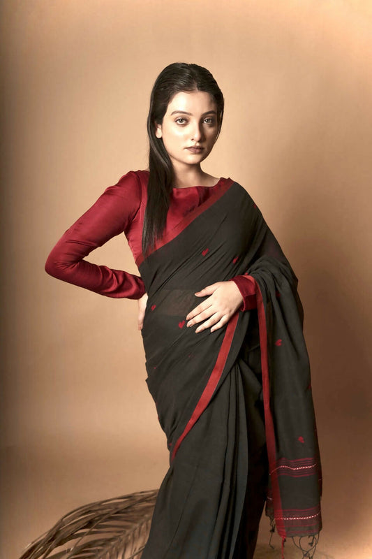 Nocturne I Black Cotton Saree With Red Heart Motifs