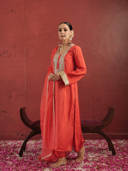 Chaand Hand-dyed Red Silk Zariwork Suit Set