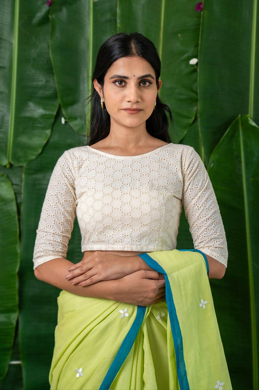 Amaira White Eyelet Cotton Schifli Blouse with Back Buttons