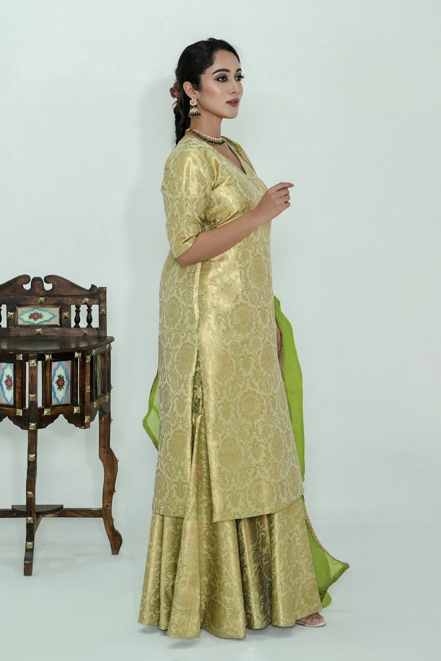 Meera Banarasi Silk Brocade Gharara Set - Green