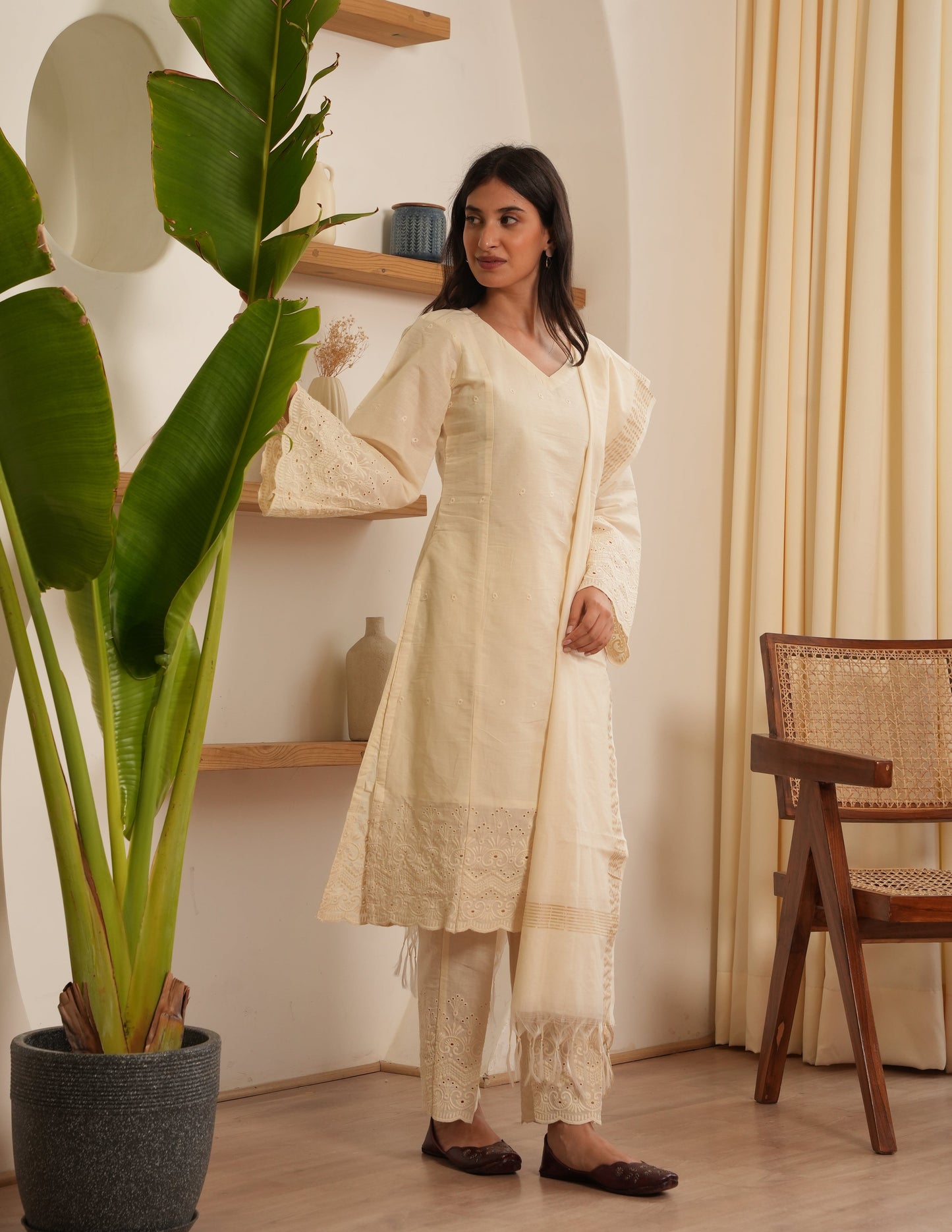 Juliet White Cotton Straight Suit Set