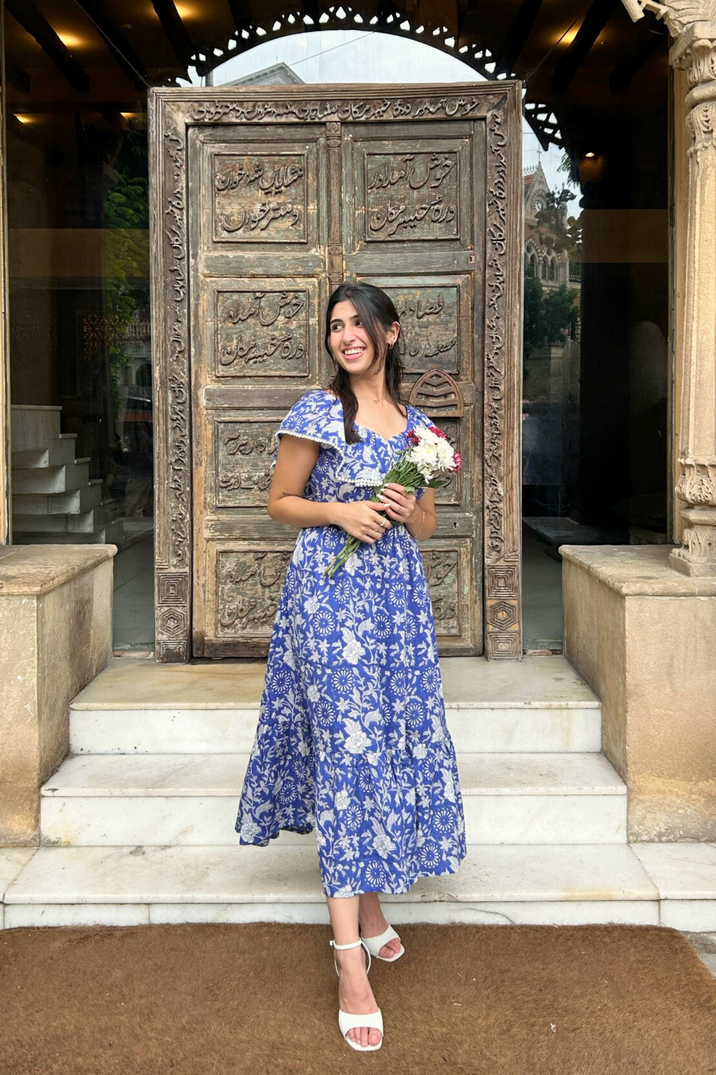 Blue and White Hand Printed Maxi Dress with Pocket