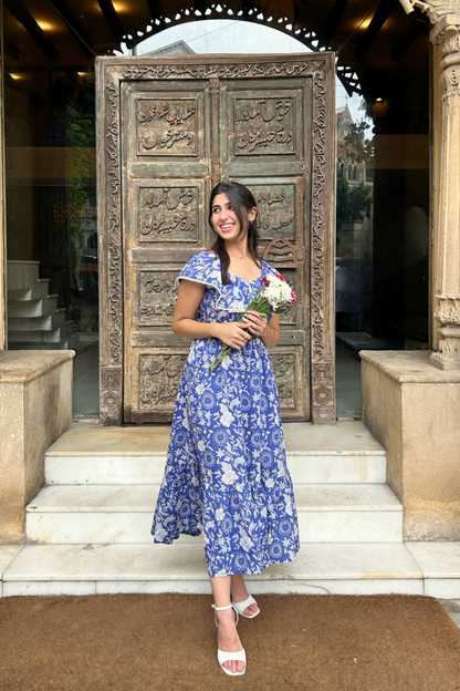 Blue and White Hand Printed Maxi Dress with Pocket