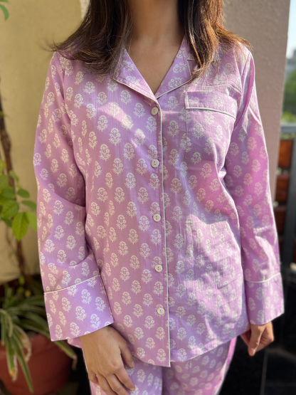 Printed Cotton Lapel Collar Lounge Set