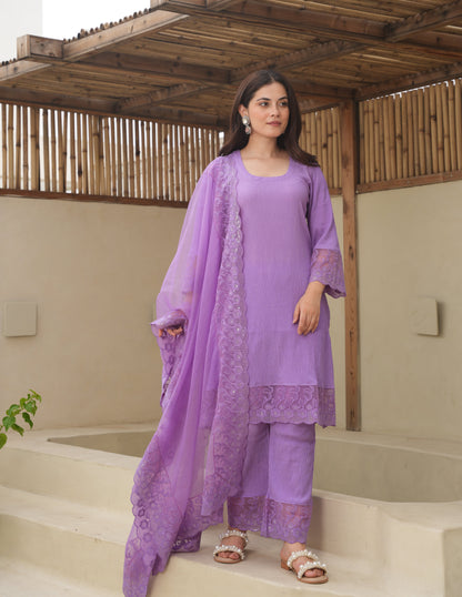 Lillian Purple Cotton Crush Straight Suit Set