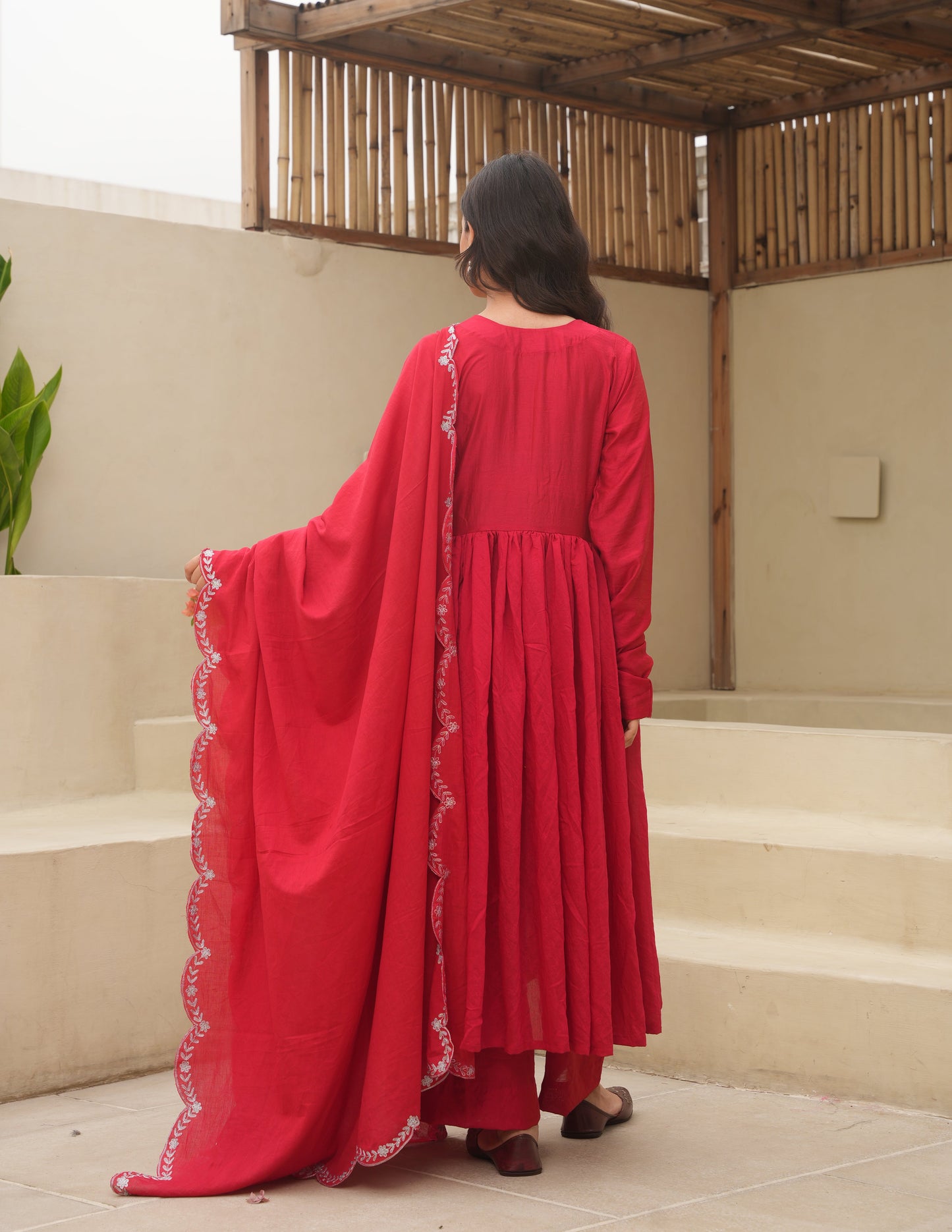 Hand Dyed Red Chanderi Aari Embroidered Anarkali Set