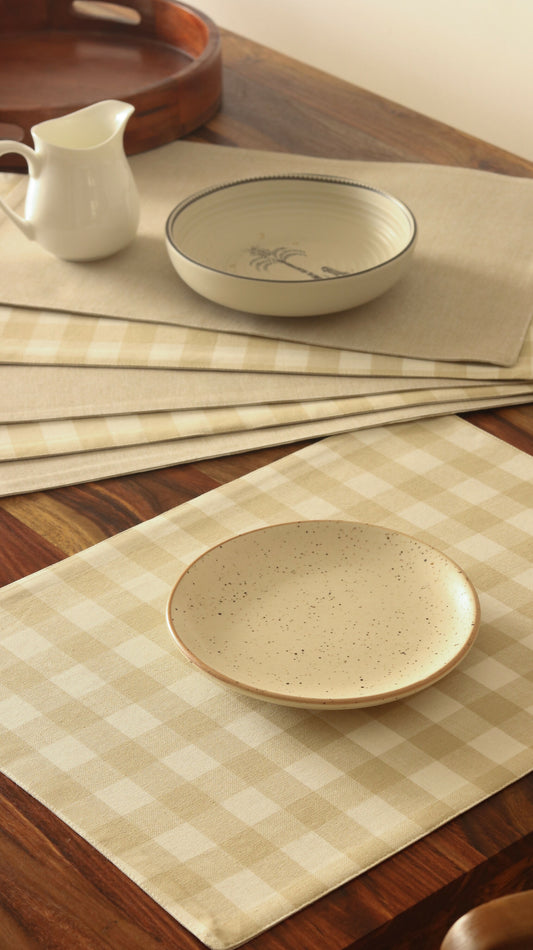 Beige Gingham Checks Wipeable & Reversible Cotton Placemats