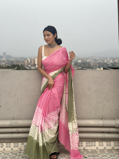 Gulabi Ishq Tie & Dye Shibori Print Natural Dyed Mulmul Cotton Saree