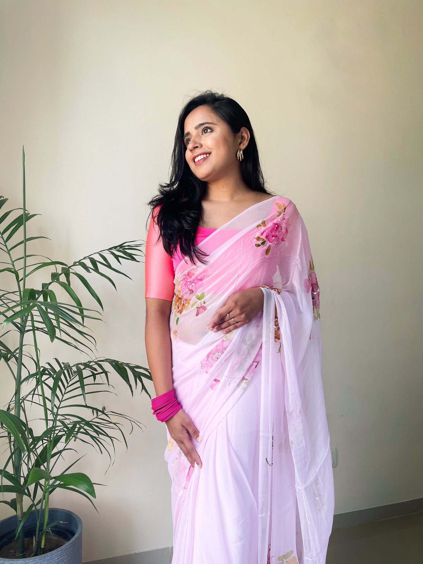 Rose Handpainted Chiffon Saree