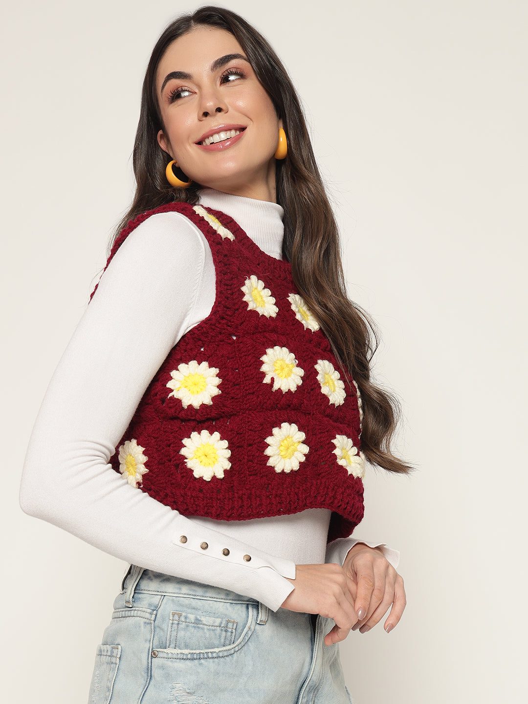 Maroon Cropped Daisy Vest