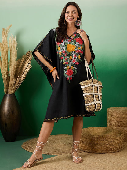 Jade Black Kashmiri Embroidered Summer Kaftan - Short