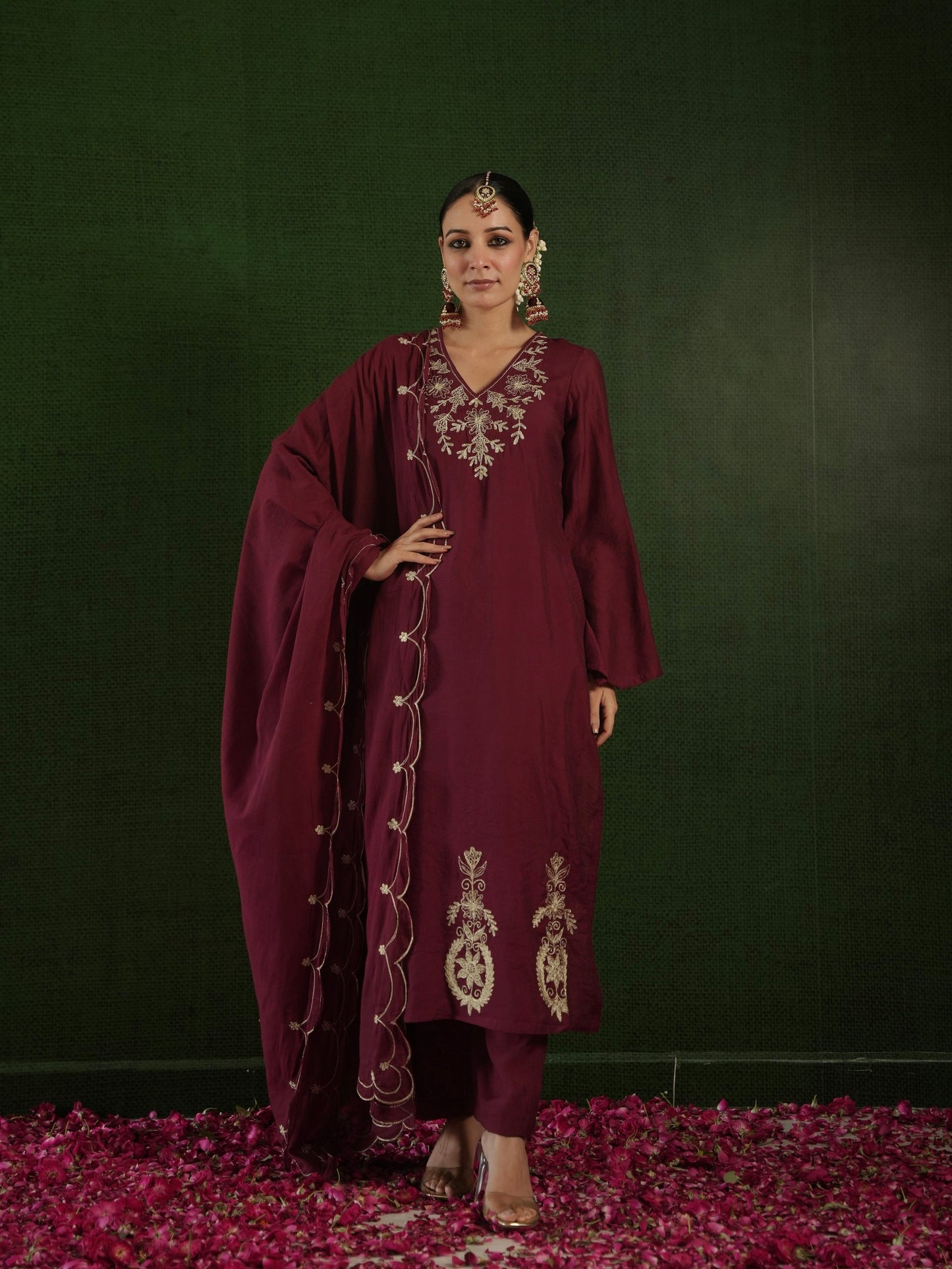 Chaand Rosewood Chanderi Heavy Embroidered Suit Set