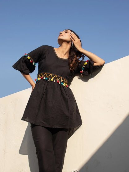 Nyah Black Cotton Coord Set with Katha Embroidery