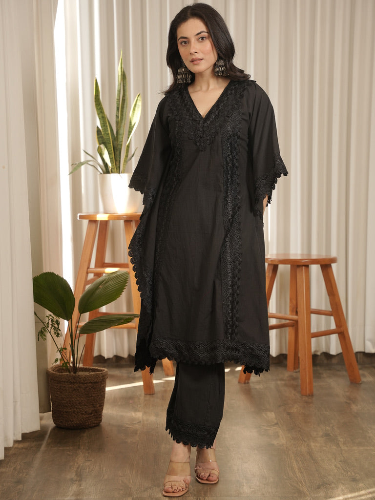 Kaaya Black Lace Work Cotton Kaftaan Set