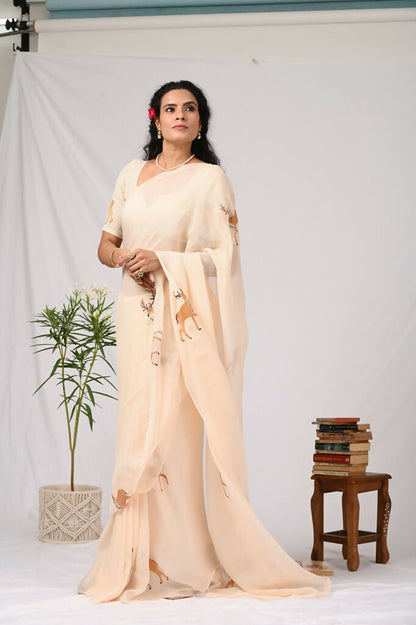 Beige Organza Reindeer Saree