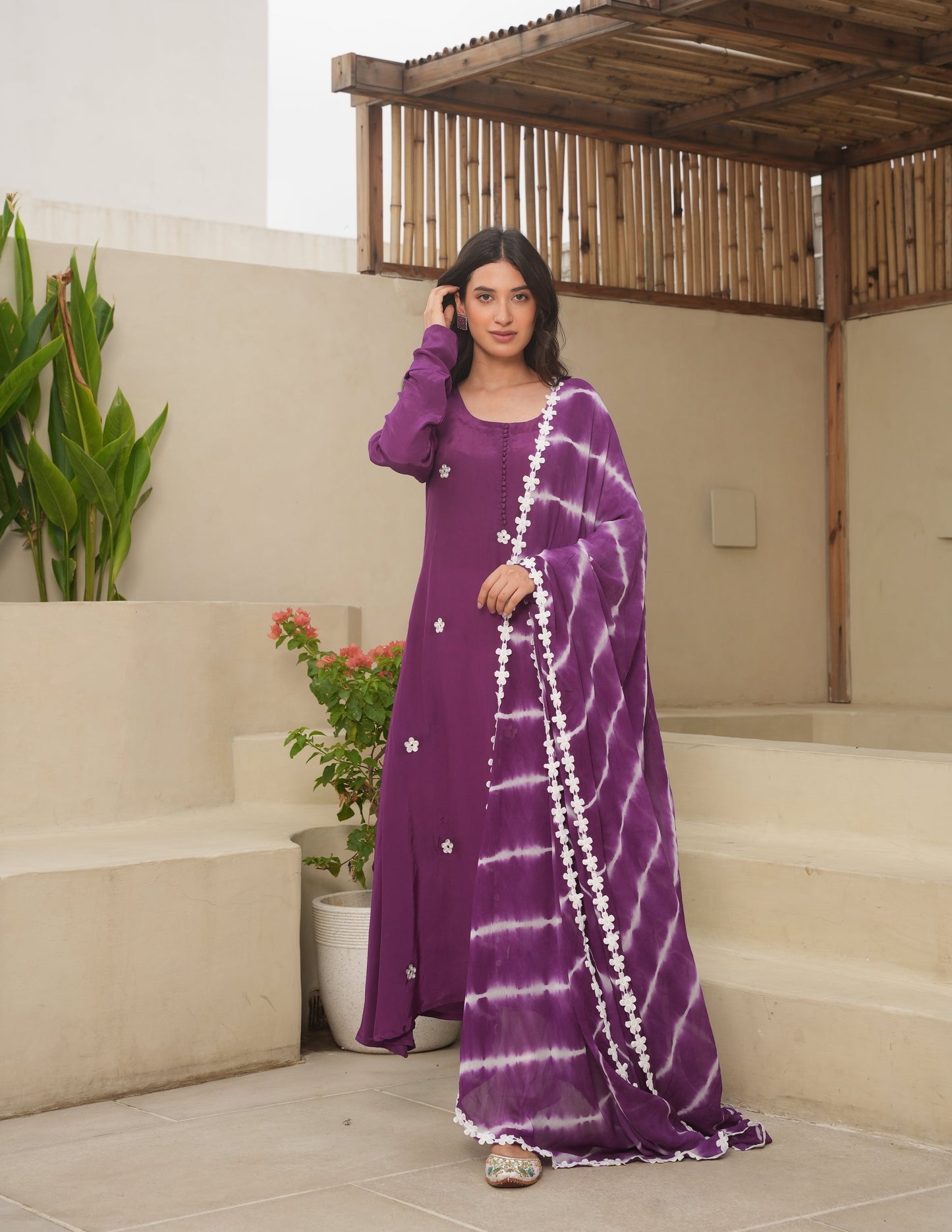 Lillian Purple Cotton Crush Straight Suit Set