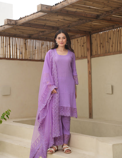 Lillian Purple Cotton Crush Straight Suit Set