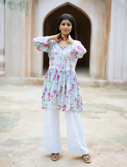 Fiza Flared Anakarli Short Printed Chikankari Kurta