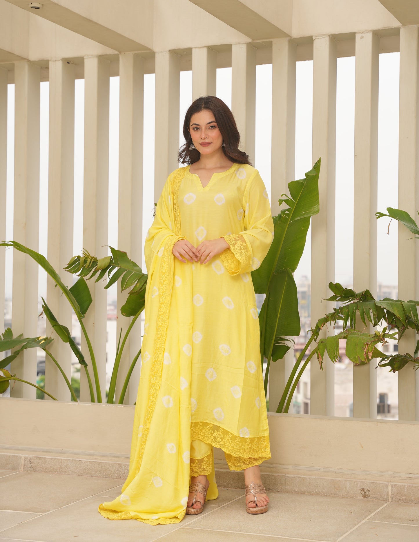 Yellow Hand-dyed Maslin Bandhej Suit Set