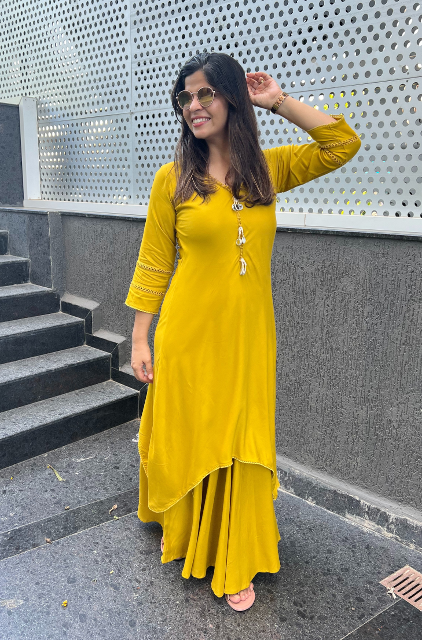 Dandelion Yellow/ Blue Solid Two Layered Kurta Set