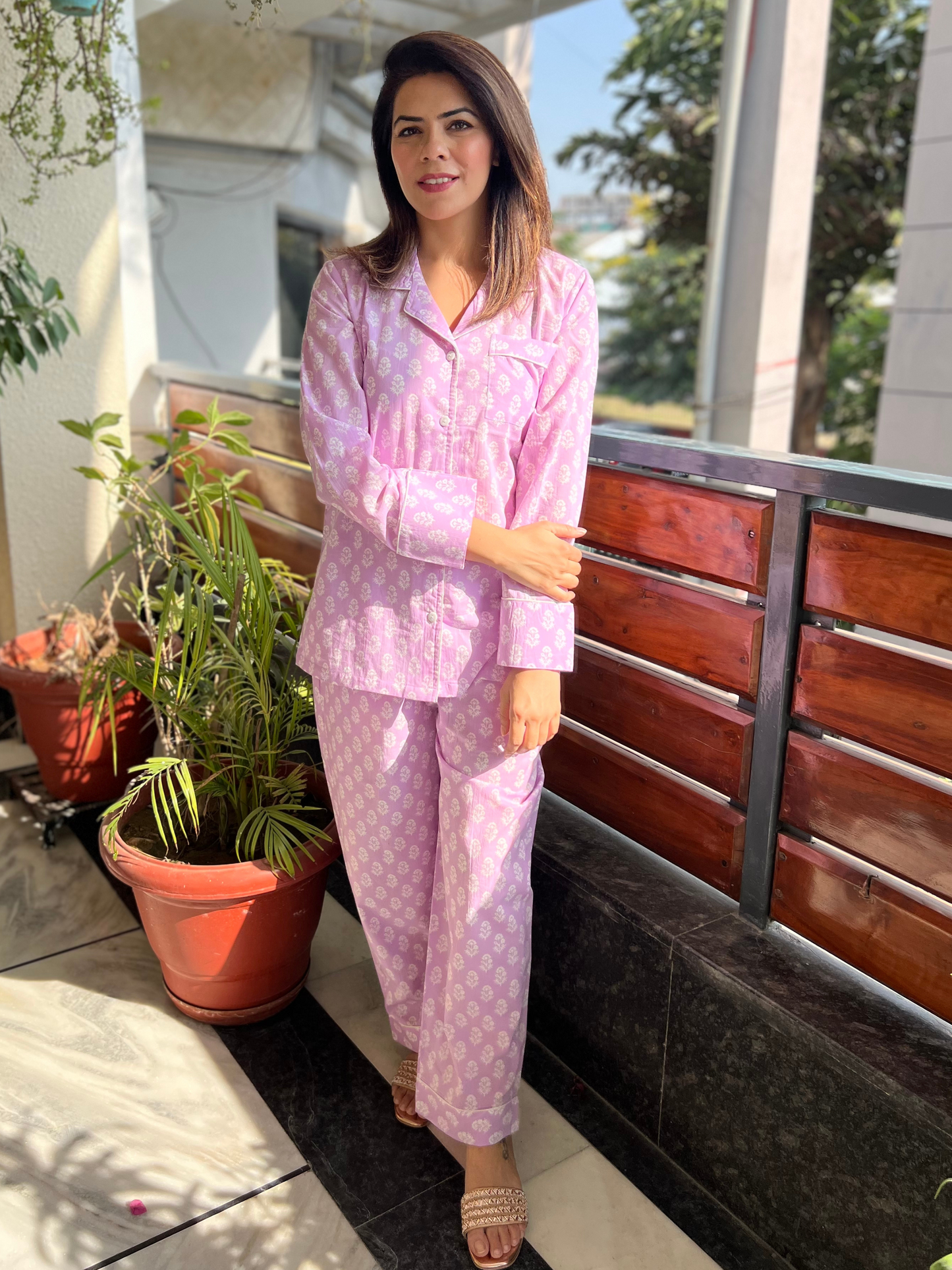 Printed Cotton Lapel Collar Lounge Set