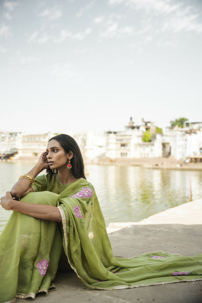 Leela Olive Green Organza Handpainted Saree