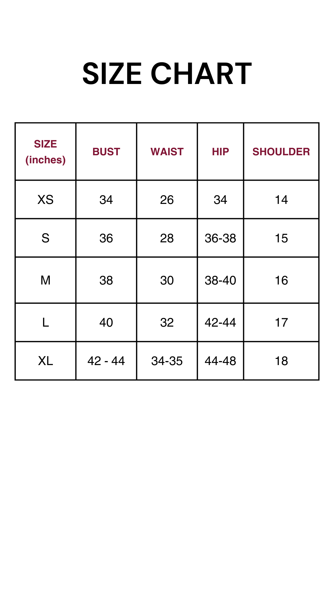 Size chart for dress