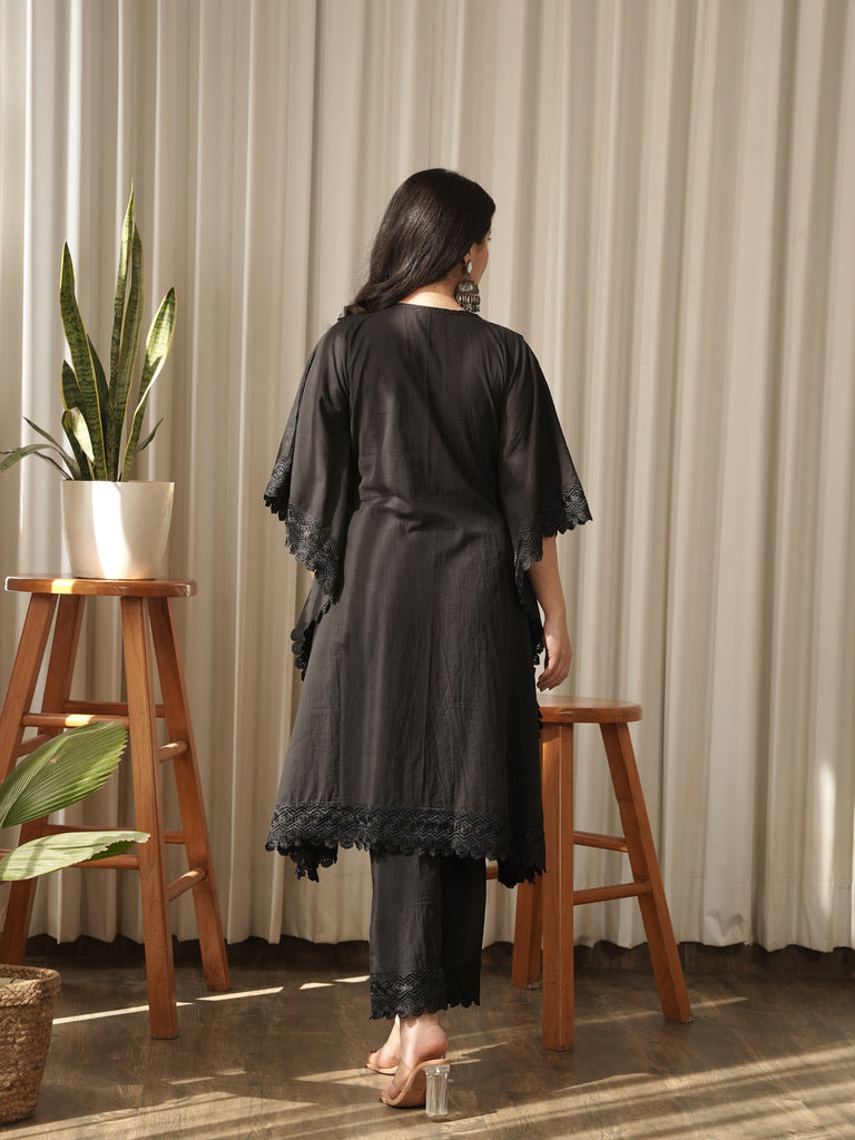 Kaaya Black Lace Work Cotton Kaftaan Set