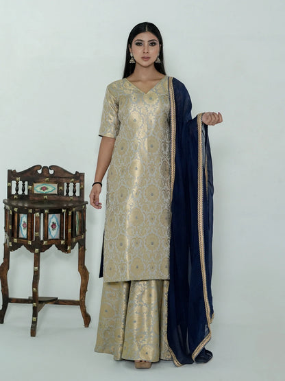 Meera Banarasi Silk Brocade Gharara Set - Grey