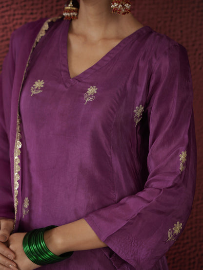 Chaand Purple Silk Zari Embroidery Suit Set