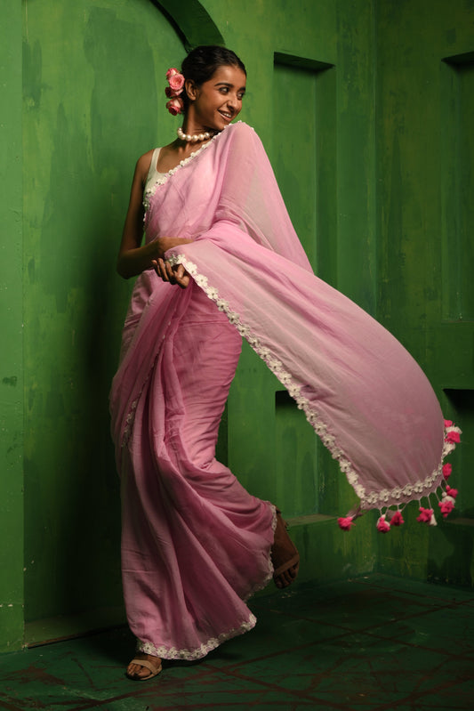 Gulabi Shaam Pink Cotton Saree with Stitched Lace Floral Embroidered Border