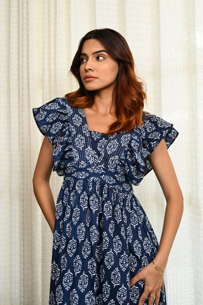 Navy Bloom Cotton Midi Dress