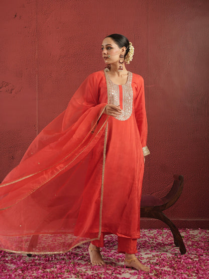 Chaand Hand-dyed Red Silk Zariwork Suit Set