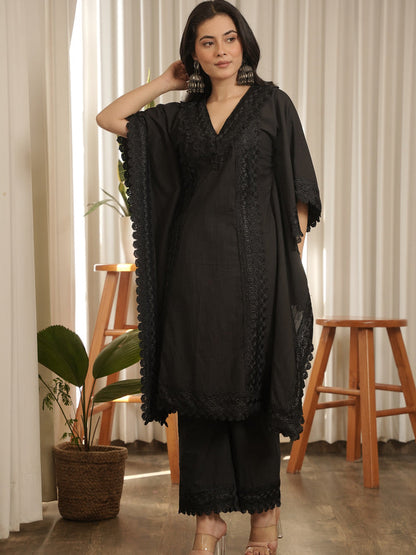 Kaaya Black Lace Work Cotton Kaftaan Set