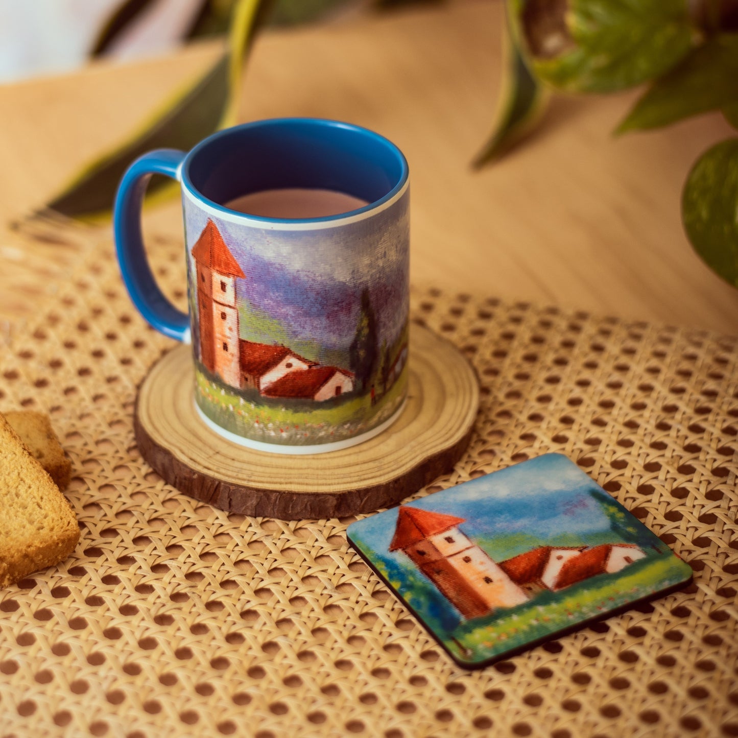 Countryside Landscape Mug with Coaster - Blue