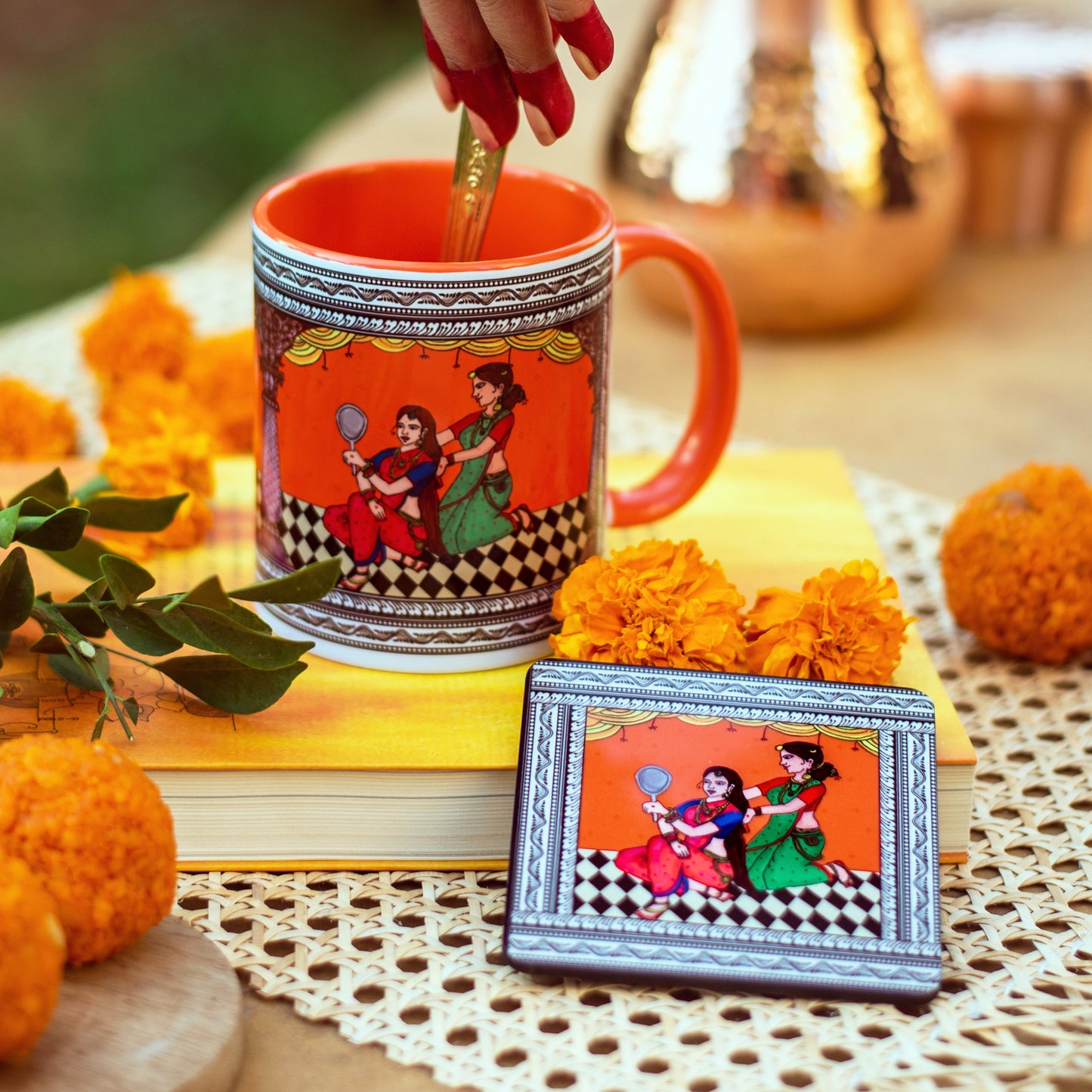 Shringaar Pattachitra Mug with Coaster - Orange