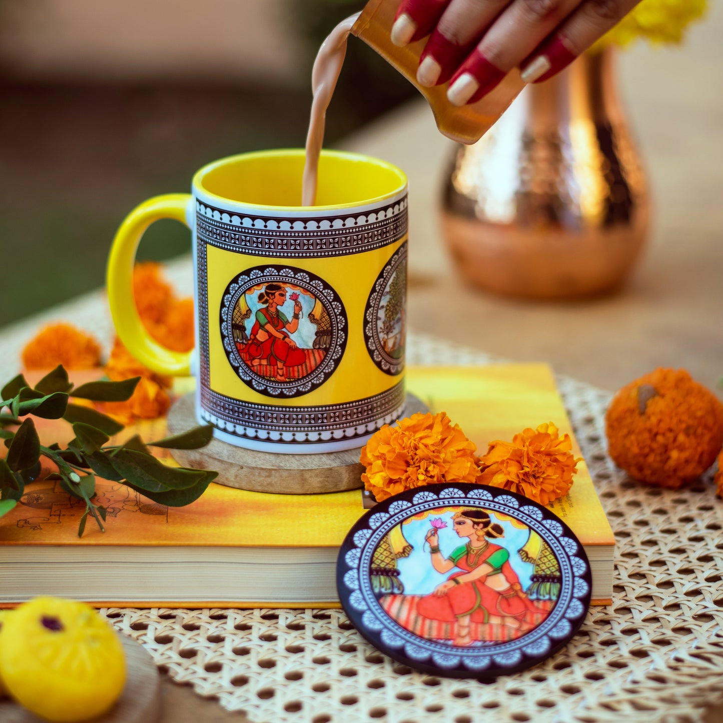 Paripatra Pattachitra Mug with Coaster - Yellow