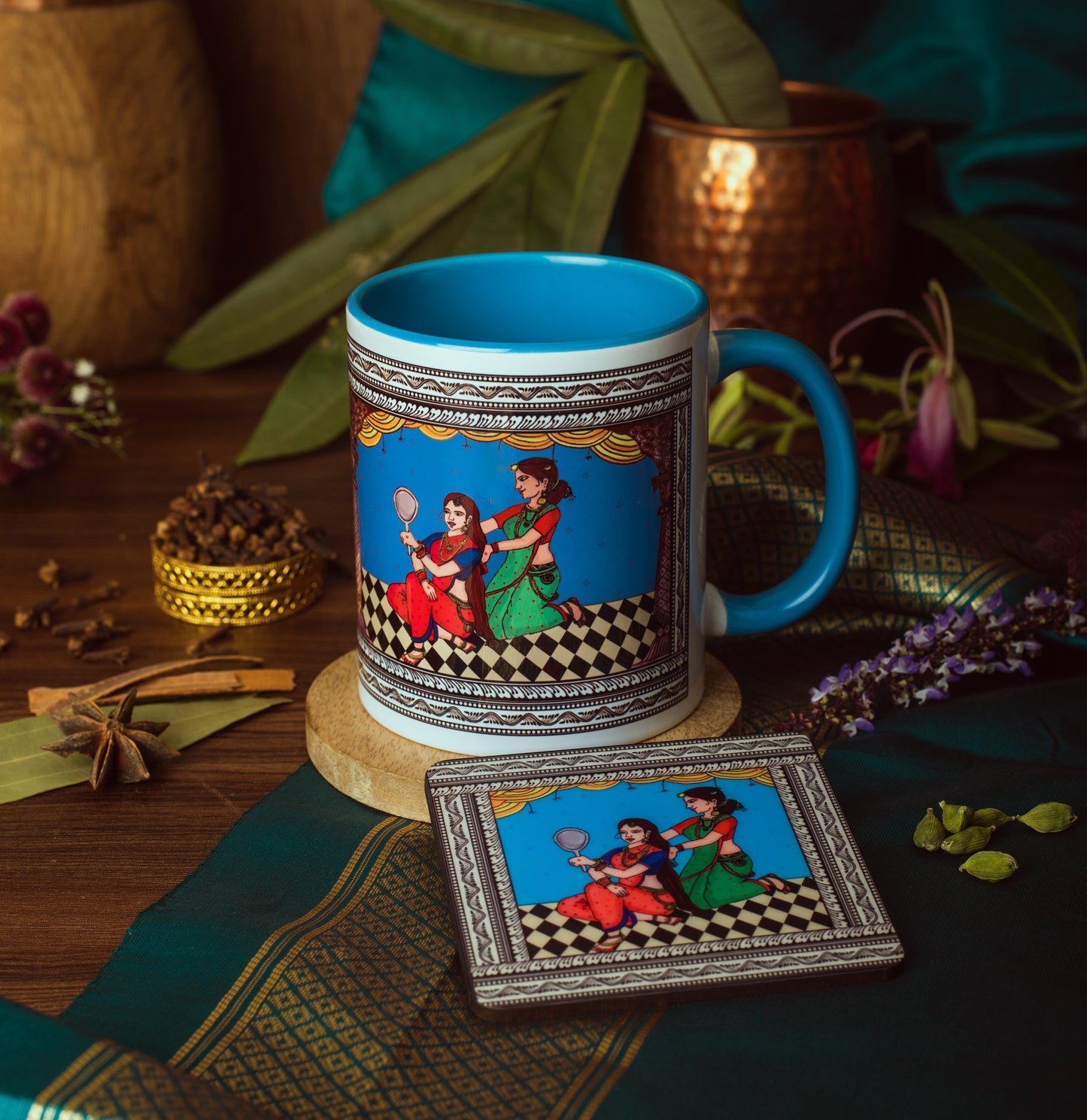 Shringaar Pattachitra Mug with Coaster - Blue