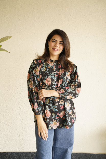 Black Floral Print Cotton Top