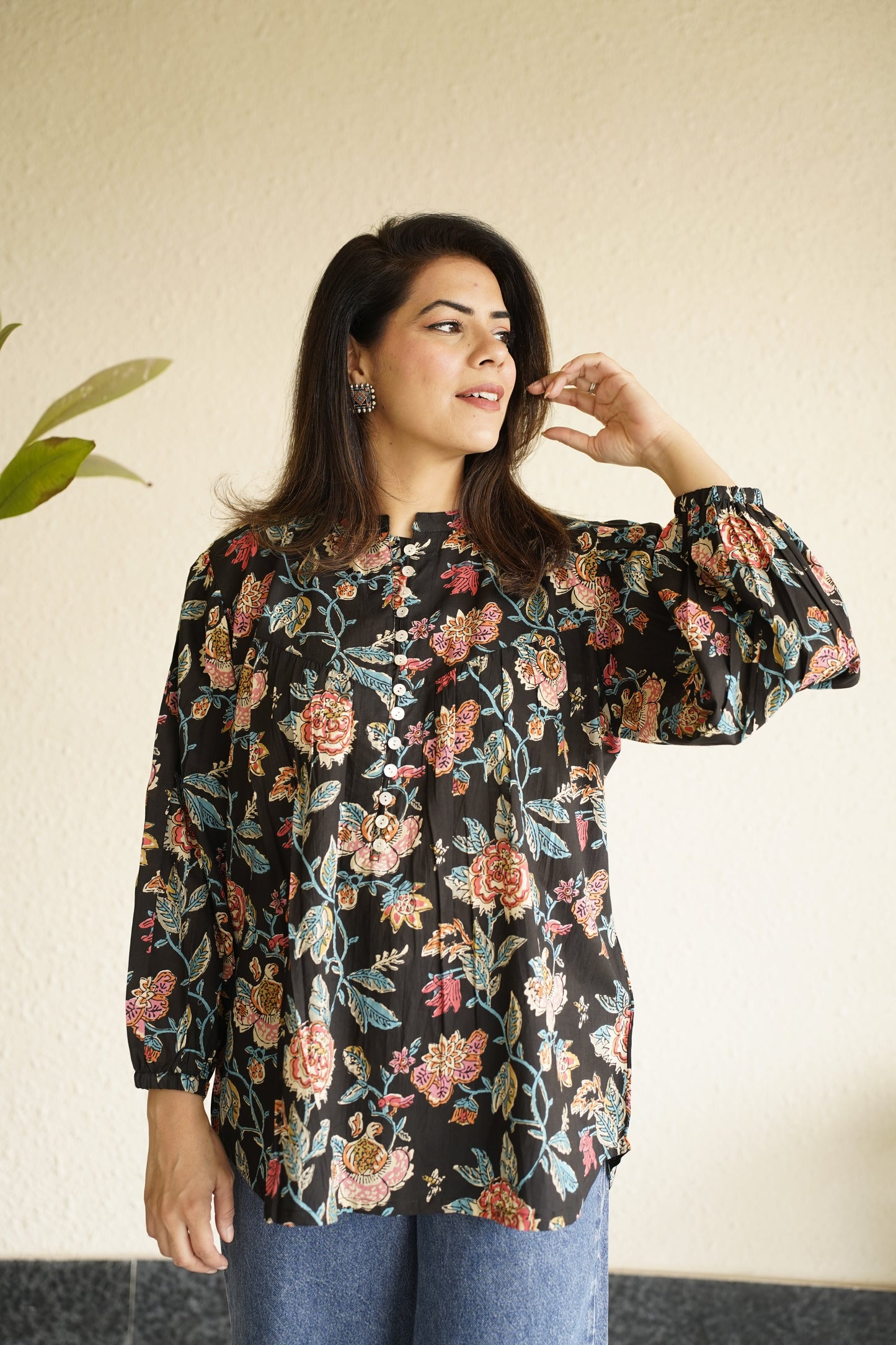 Black Floral Print Cotton Top