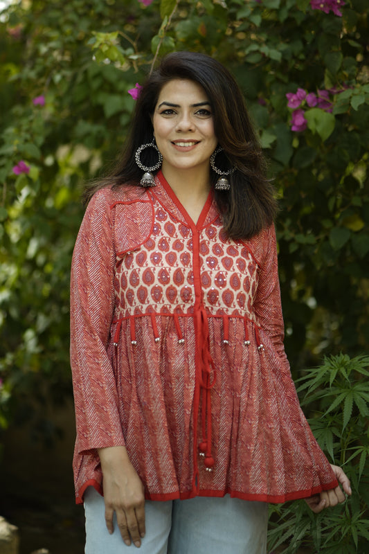 Red Printed Long Sleeves Peplum Top