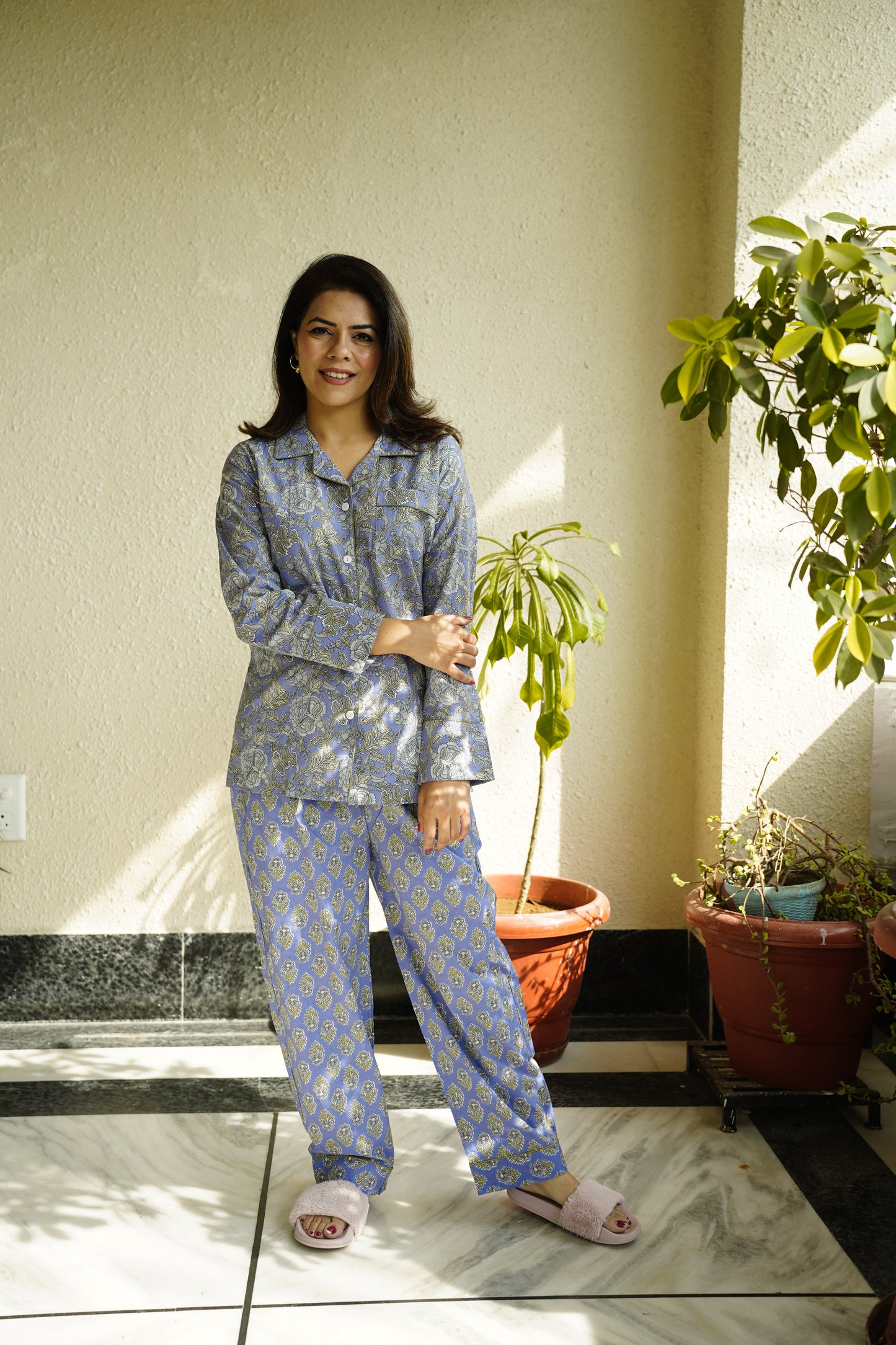 Printed Cotton Lapel Collar Lounge Set