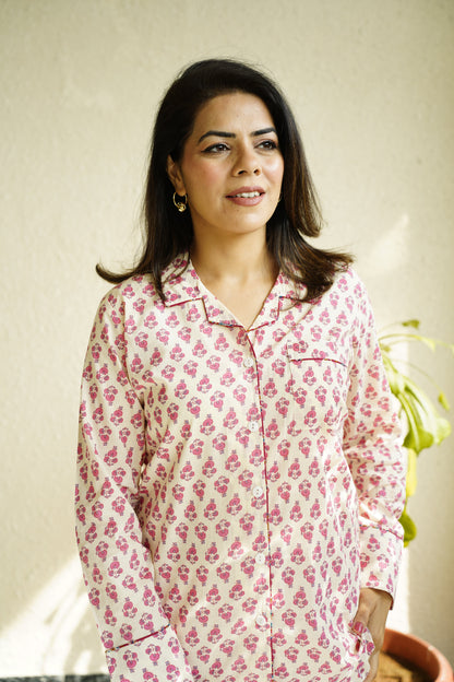 Printed Cotton Lapel Collar Lounge Set